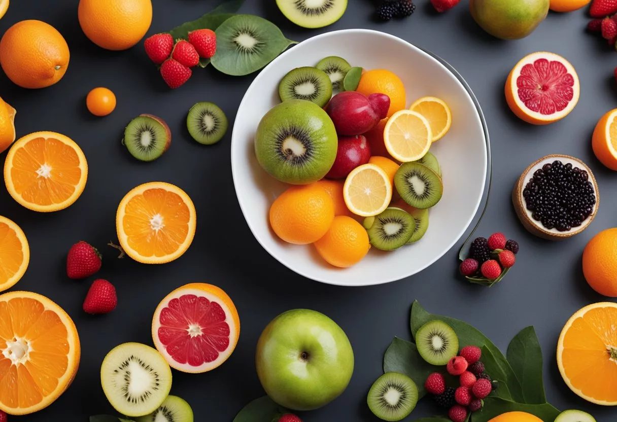 A person surrounded by various fruits and vitamin C supplements, with a look of discomfort and unease on their face