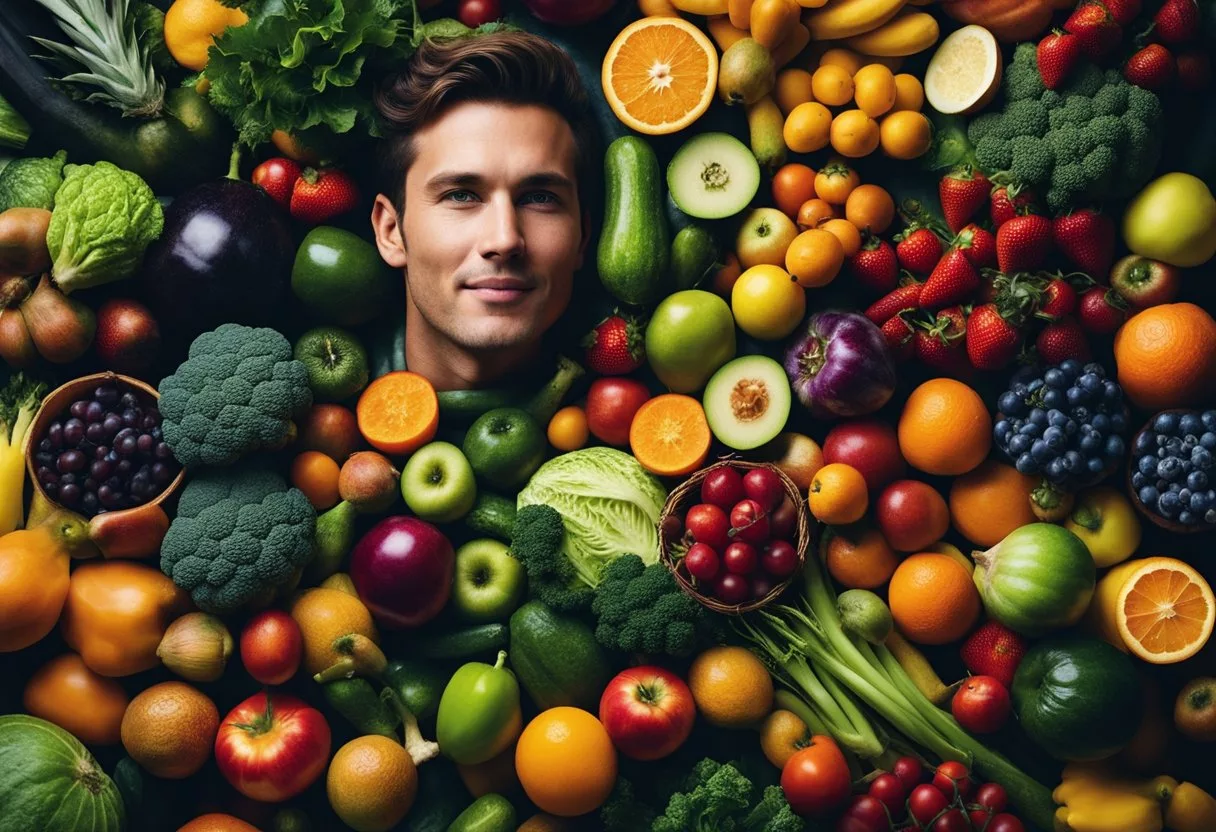 A person surrounded by various fruits and vegetables, some of them oversized, with a bright, glowing aura emanating from their body