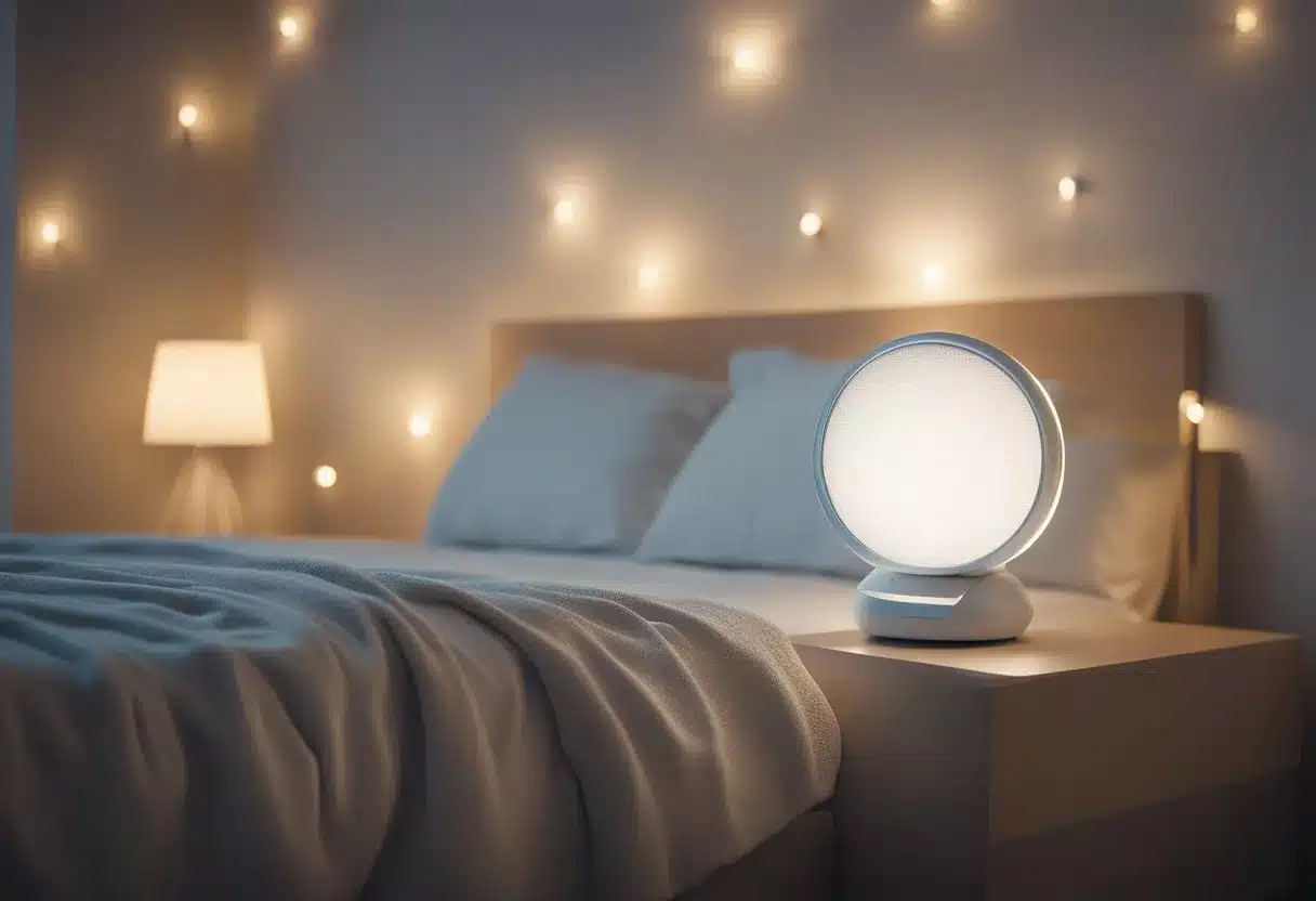 A serene bedroom with a white noise machine on a bedside table, casting a soft glow in the dark. A cozy bed with fluffy pillows and a warm blanket invites restful sleep