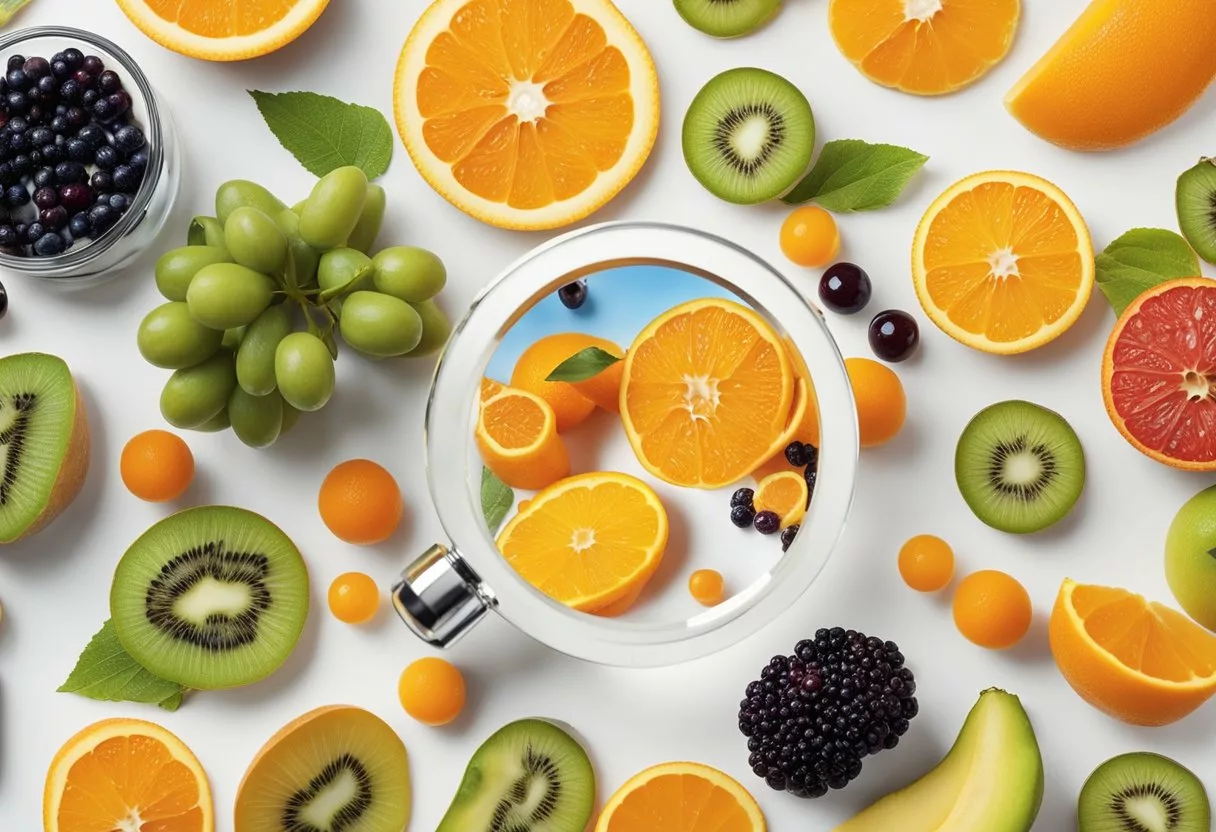 A person surrounded by various fruits and vitamin C supplements, with a magnifying glass examining a large vitamin C molecule