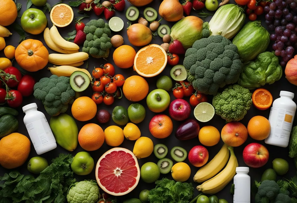 A person surrounded by various fruits and vegetables, some of which are oversized, with a few scattered vitamin C supplements on the ground