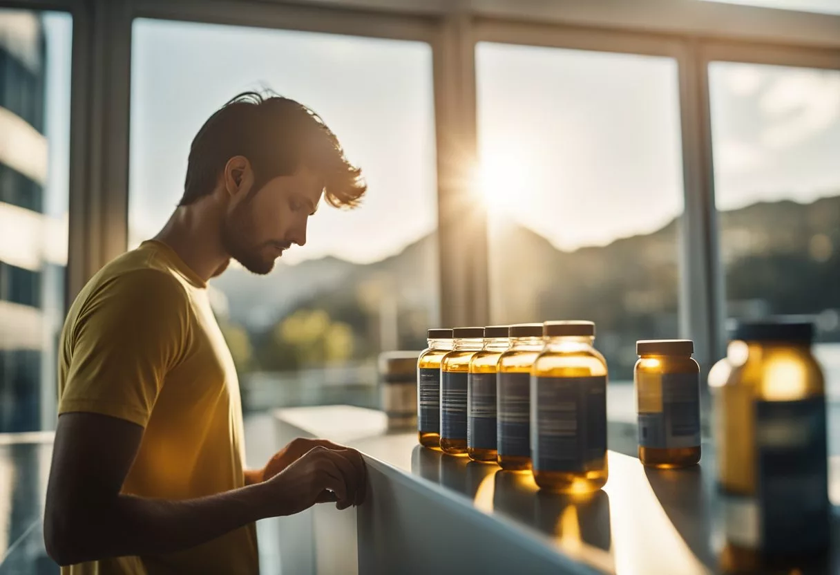 A person stands in front of a large bottle of vitamin D supplements, looking concerned. The sun shines brightly through a window in the background