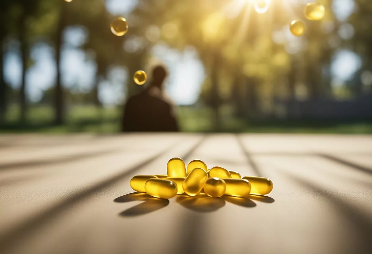 A figure surrounded by oversized vitamin D capsules, with a looming shadow representing the potential health risks and complications