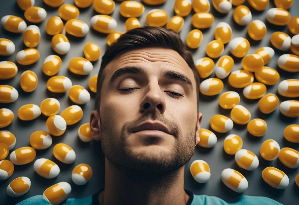 A person surrounded by oversized vitamin D capsules, looking overwhelmed