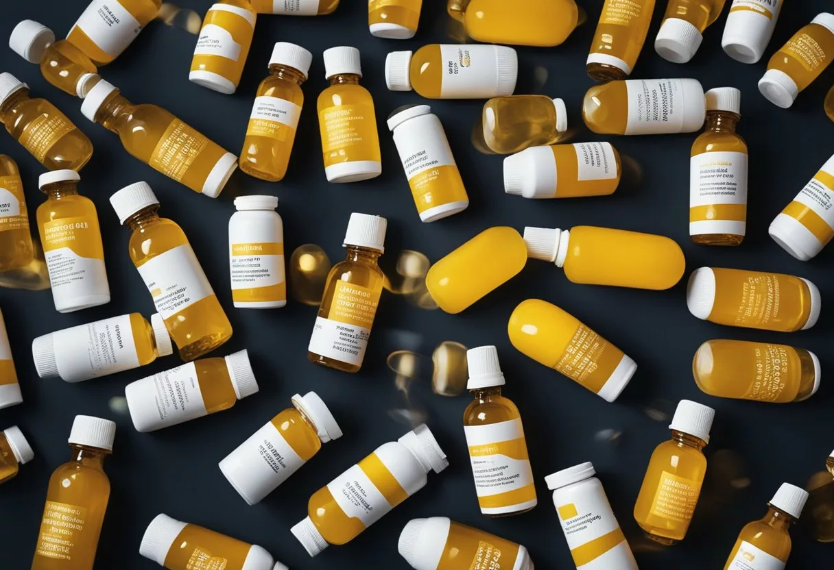 A person surrounded by bottles of vitamin D, looking uncomfortable and experiencing symptoms of overdose