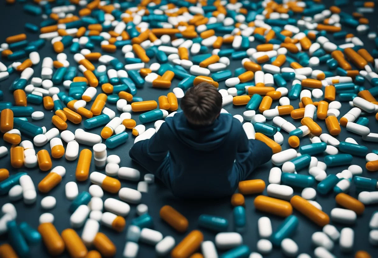 A clutter of pill bottles, spilled pills, and an overwhelmed, distressed figure