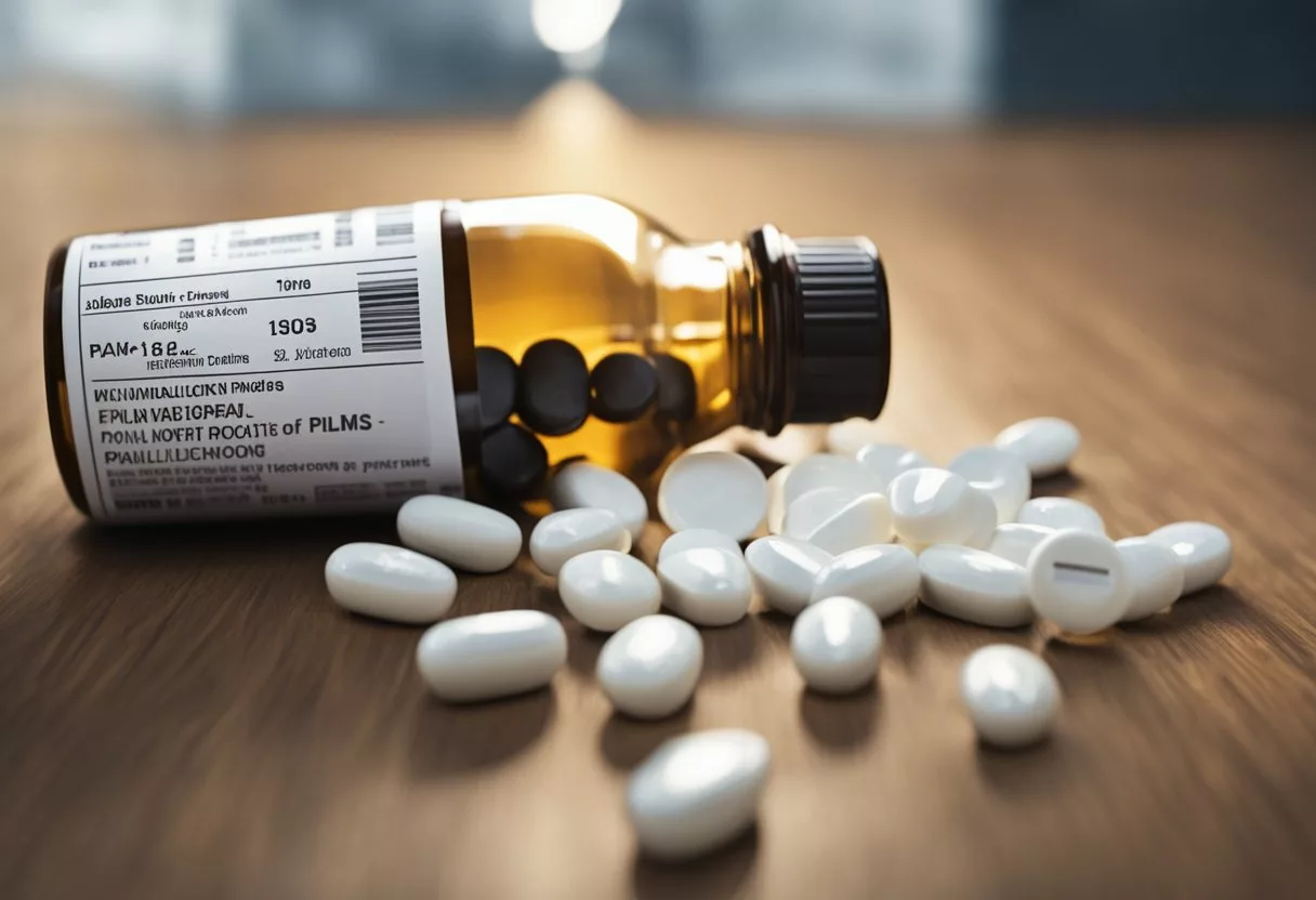 A pile of painkiller pills spills out of a bottle, scattered on the floor, with a warning label in the background