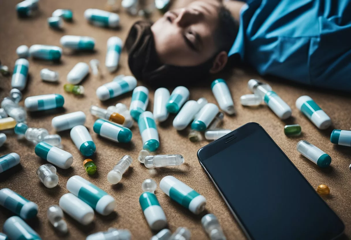 A pile of empty pill bottles scattered on the floor, a person lying unconscious with a pale complexion, and a concerned individual on the phone with emergency services