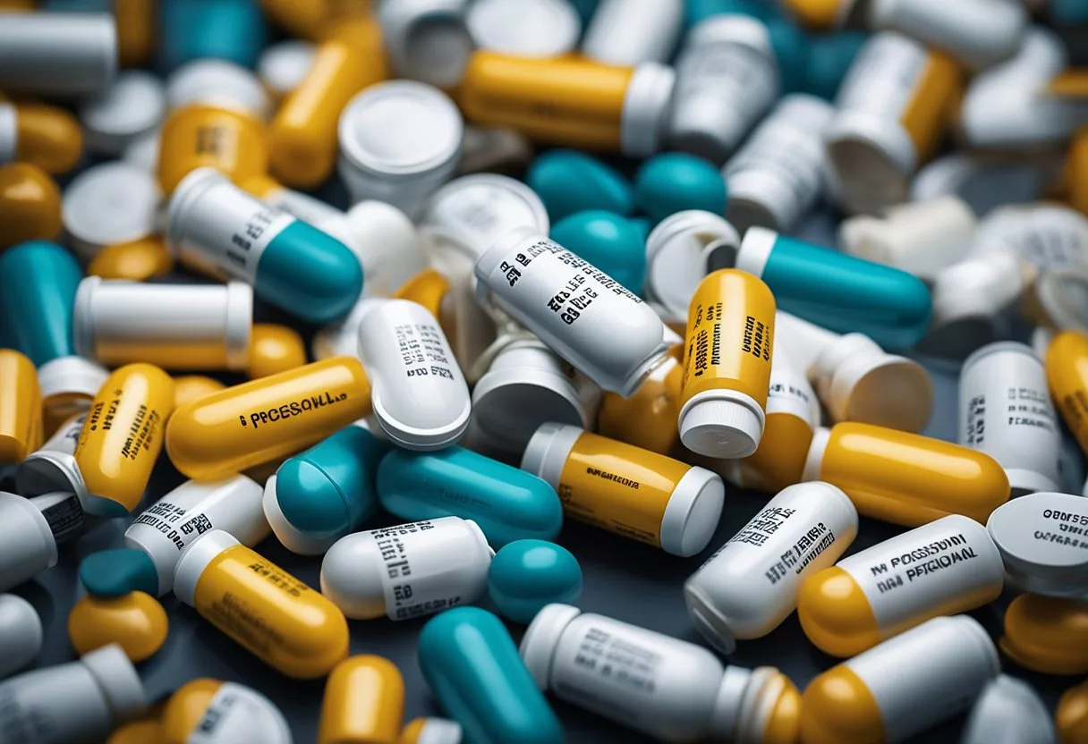 A pile of empty pill bottles, scattered pills, and a warning label