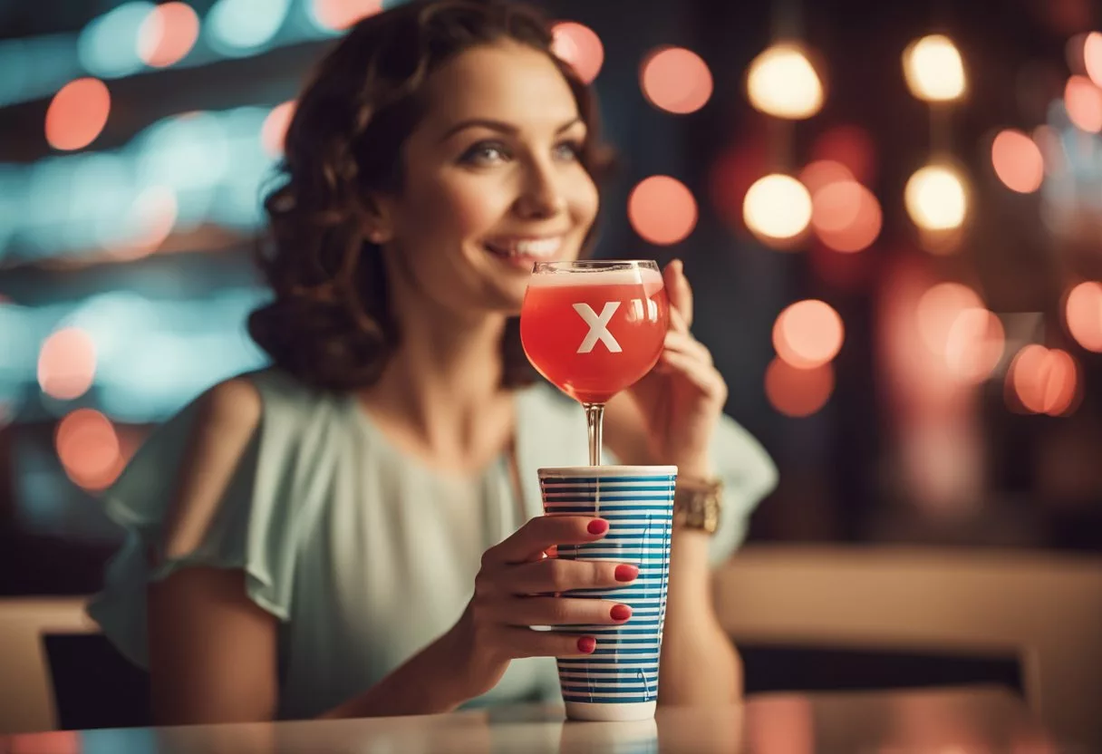 A pregnant woman holding a drink, with a red "X" over it