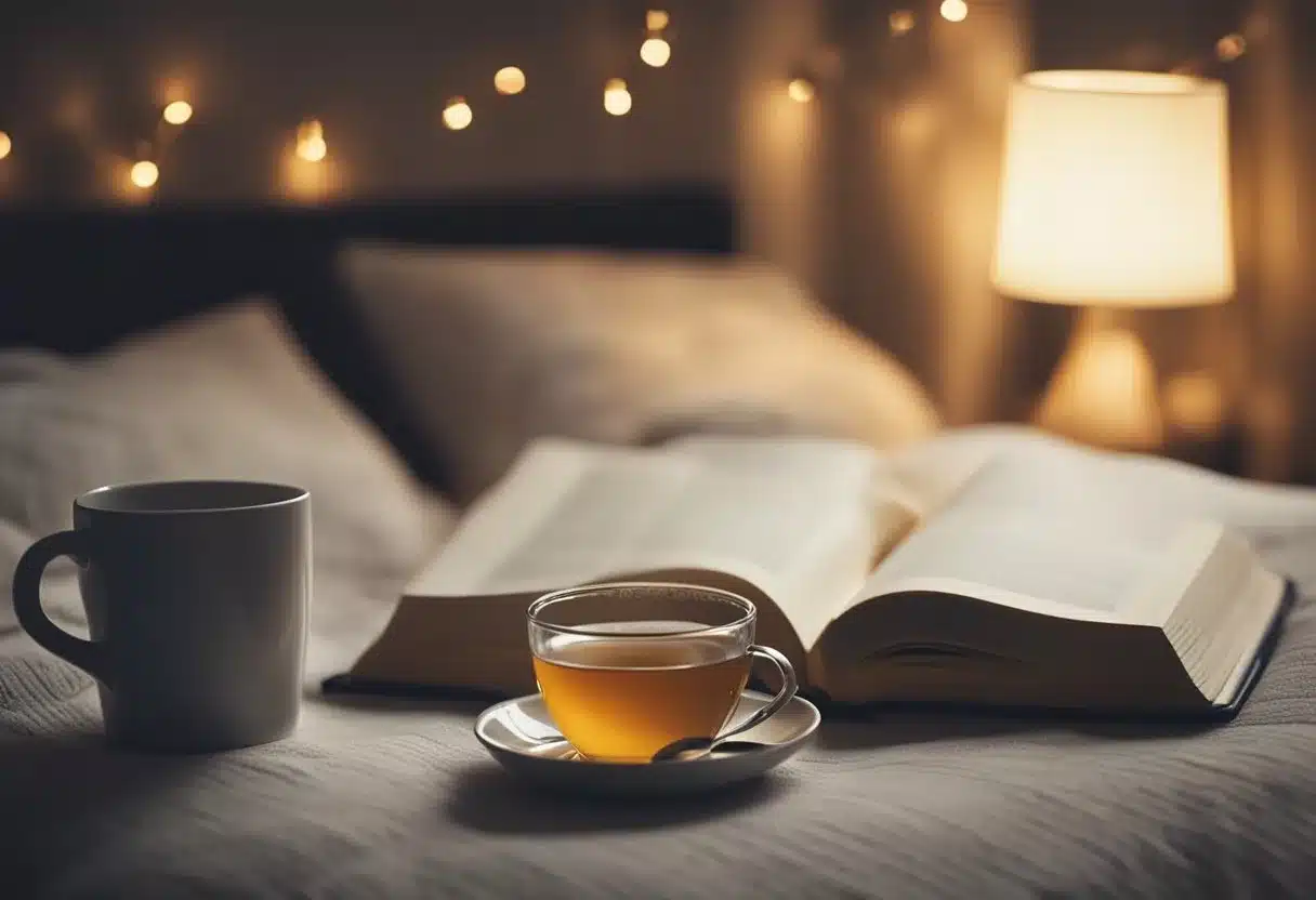 A cozy bedroom with dim lighting, a warm cup of herbal tea, a journal for jotting down thoughts, and a relaxing activity like reading or gentle stretching