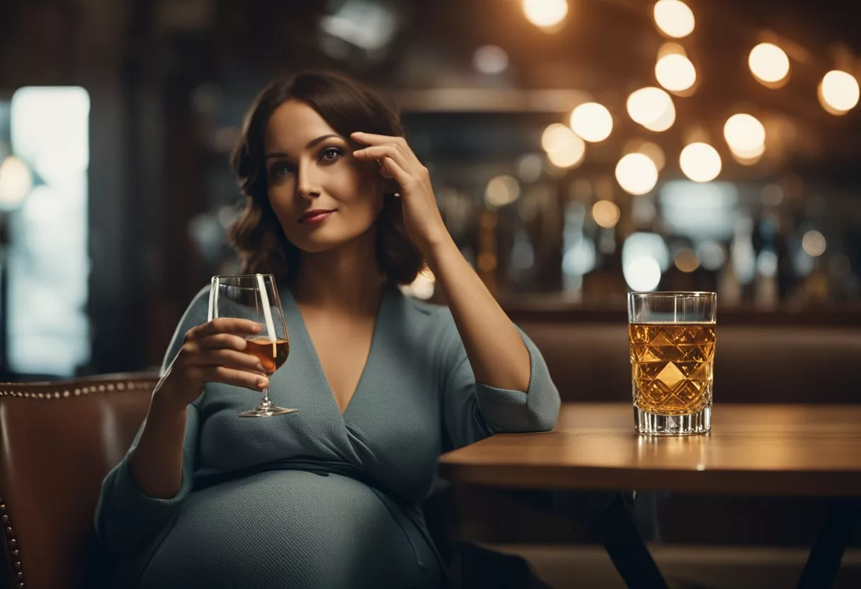 A pregnant woman sitting at a table, holding a glass of alcohol. A question mark hovers above her head, with a red "X" over the glass