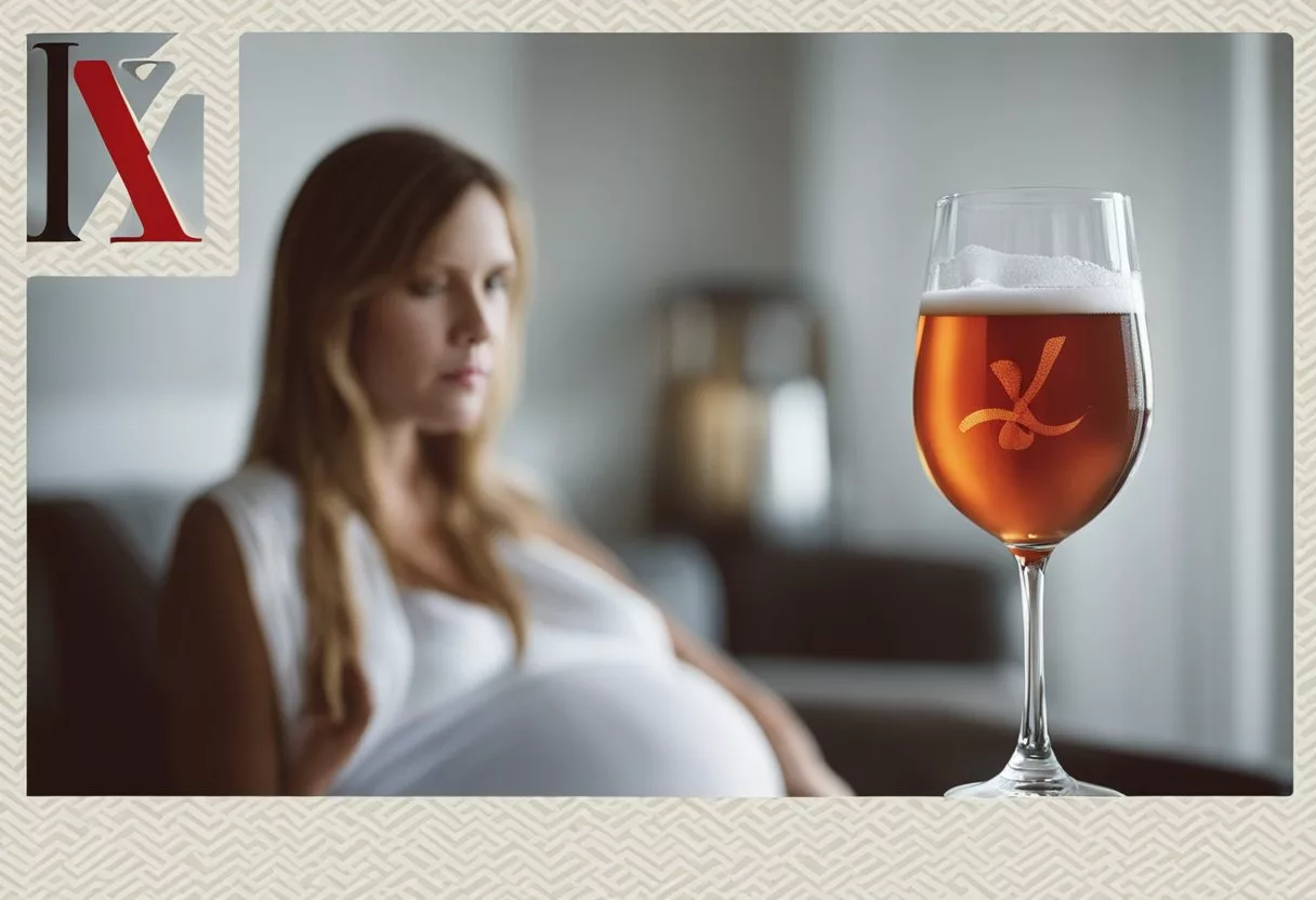 A pregnant woman holding a glass of alcohol, with a red "X" over it. A baby's silhouette inside her womb, with a question mark above its head