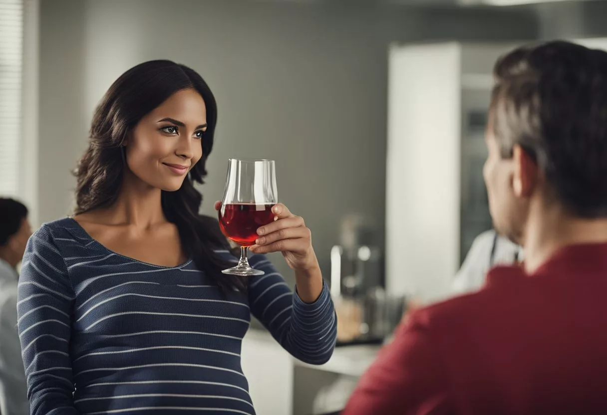 A pregnant woman holding a glass of alcohol with a red "X" over it, while a doctor or healthcare provider gestures towards her with a concerned expression