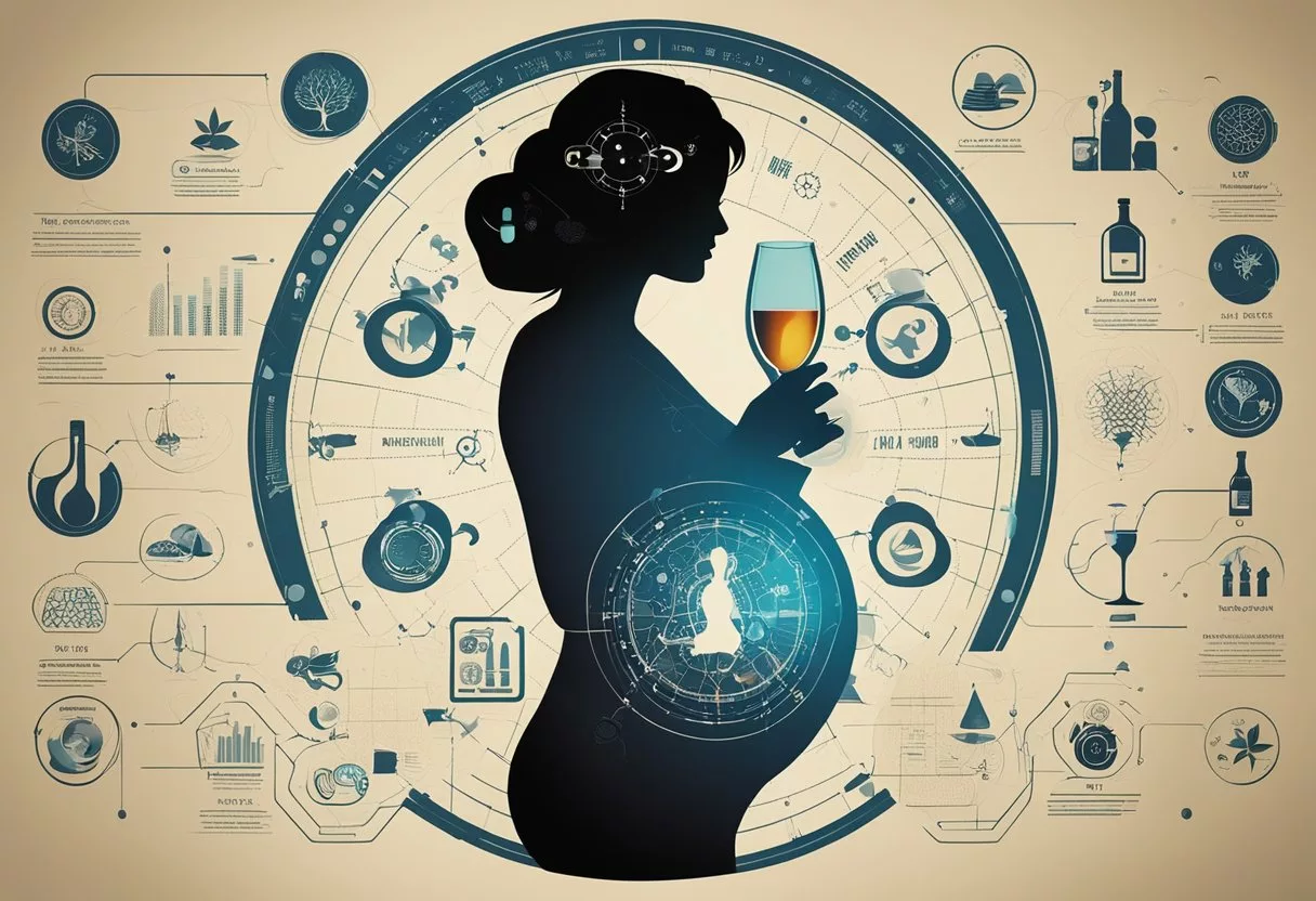 A pregnant woman's silhouette with a glass of alcohol and a fetus inside her womb, surrounded by scientific symbols and diagrams