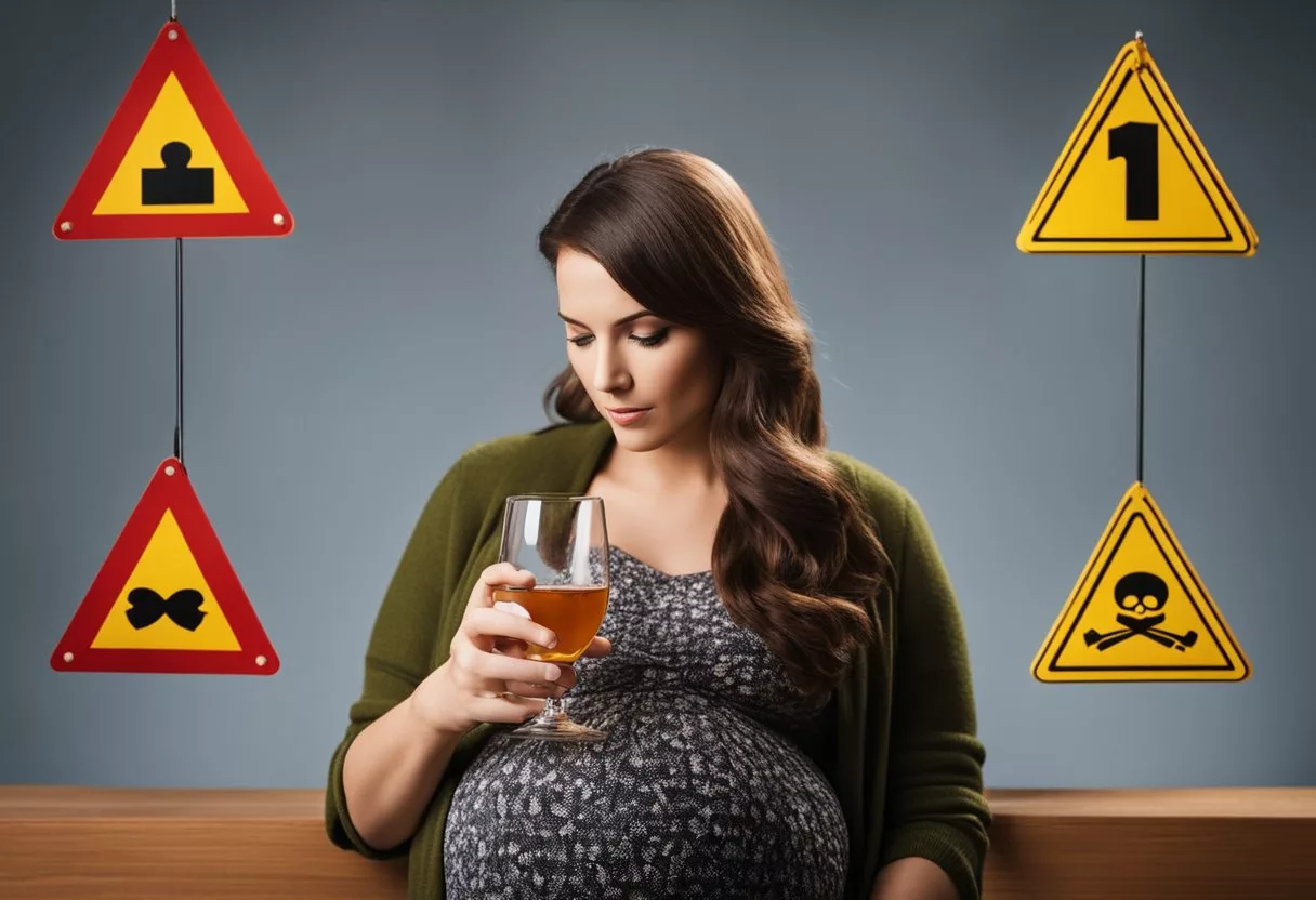 A pregnant woman holding a glass of alcohol, with a red "X" over it. A baby's silhouette inside her belly, surrounded by caution signs