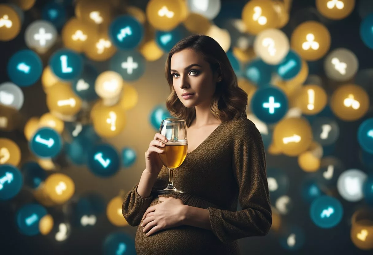 A pregnant woman holding a glass of alcohol while surrounded by question marks and warning signs