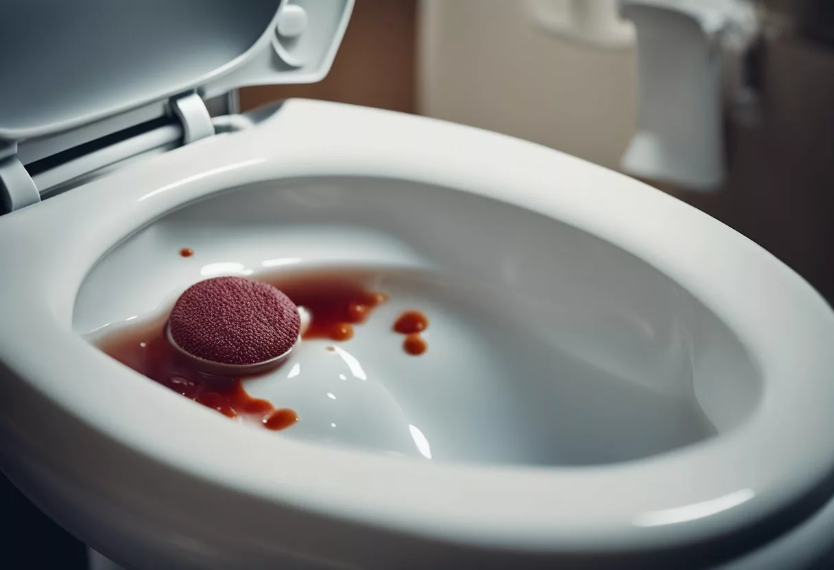 A toilet bowl with visible blood in the stool, surrounded by tissue and a flushed handle