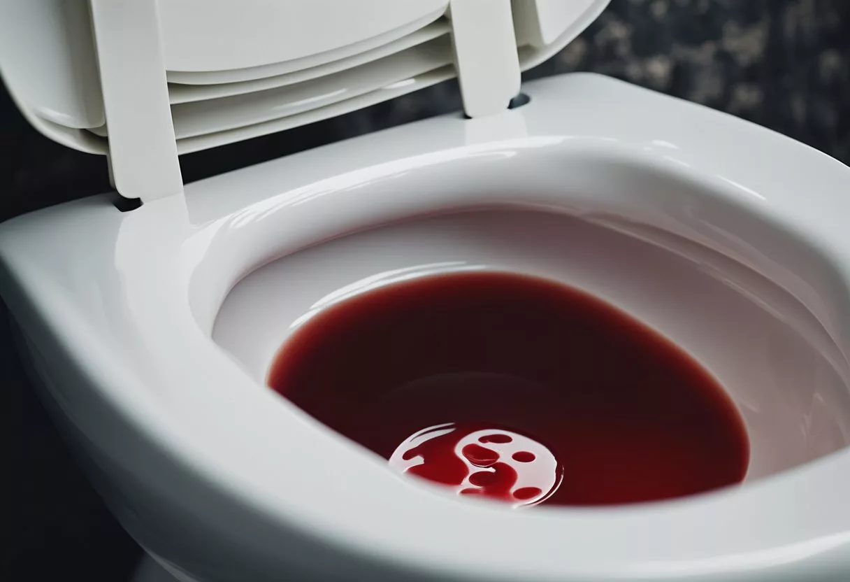 A toilet bowl with red liquid resembling blood in the stool