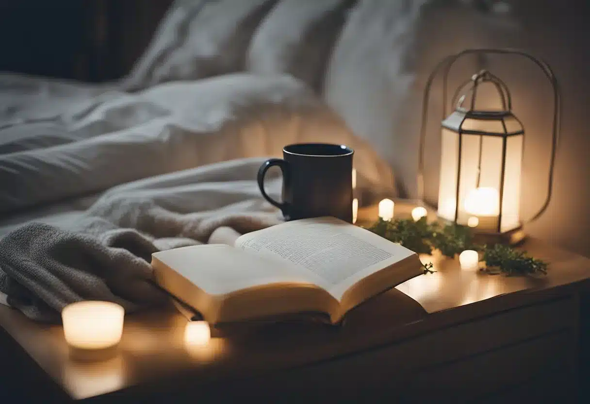 A serene bedroom with soft lighting, cozy blankets, and a calming color scheme. A cup of herbal tea and a journal sit on the nightstand