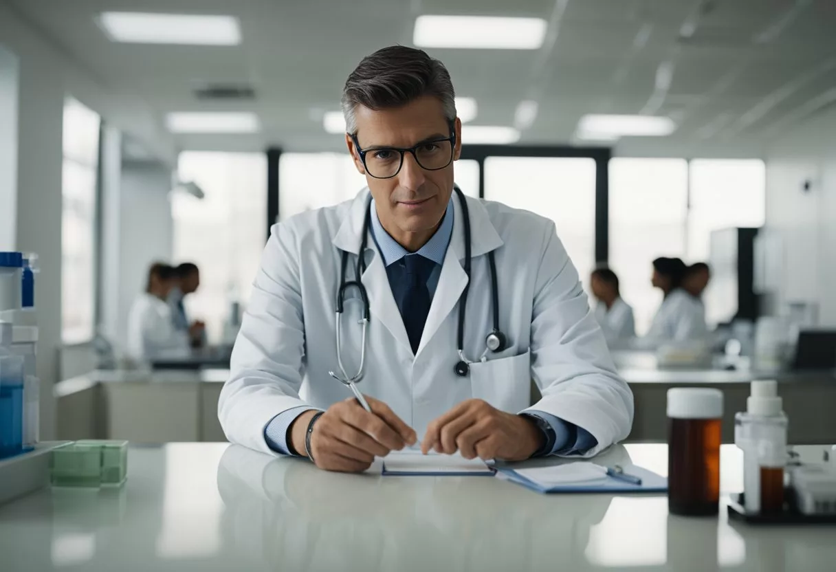 A person sitting in a doctor's office, pointing to a stool sample with visible blood. The doctor is listening attentively and taking notes