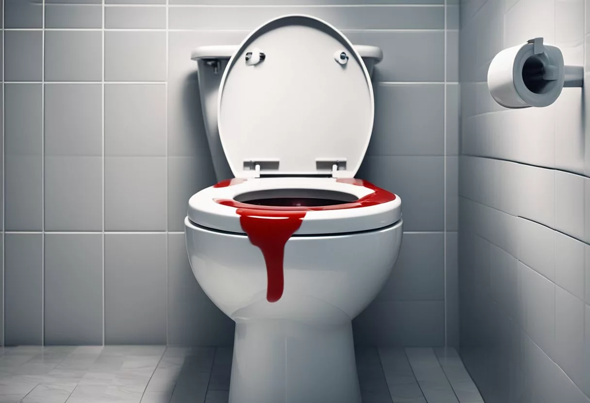 Blood mixes with stool in a toilet bowl