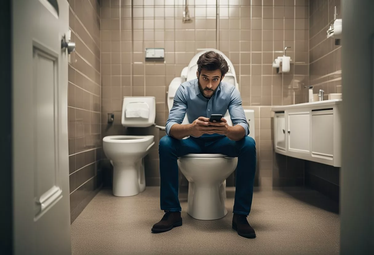 A toilet bowl with visible blood in the stool, surrounded by a concerned individual holding a phone, and a worried expression on their face