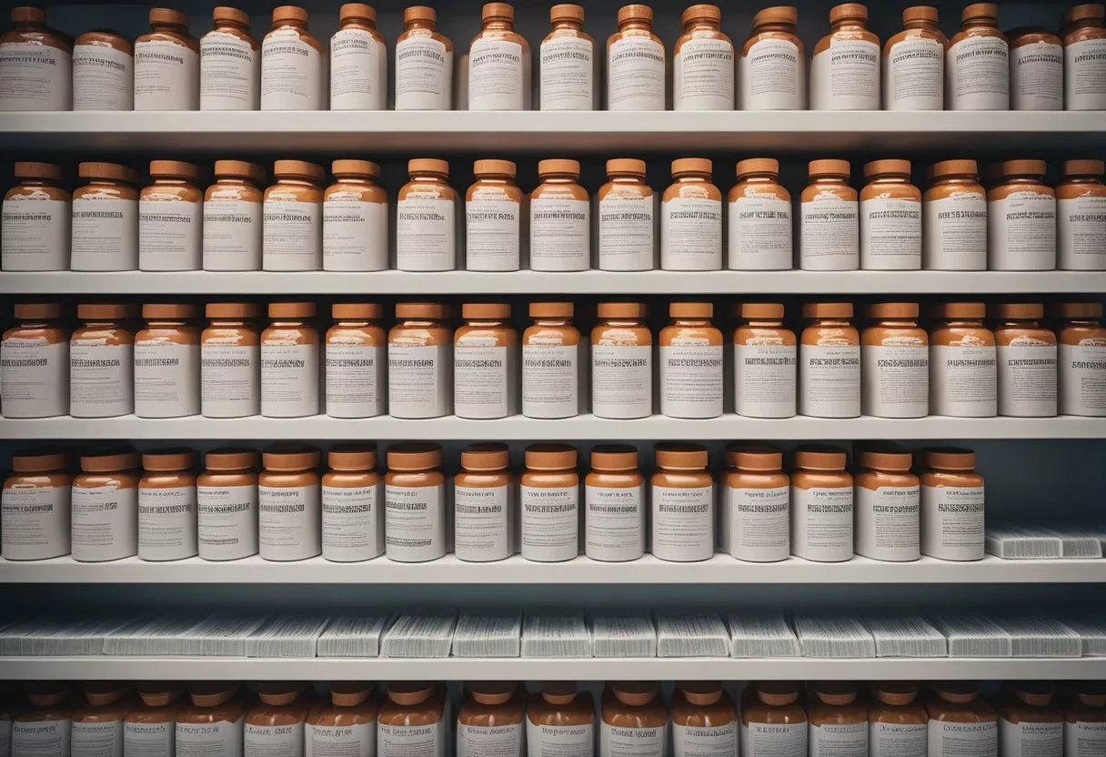 A year's worth of ibuprofen bottles stacked on a shelf, surrounded by legal documents and regulatory guidelines