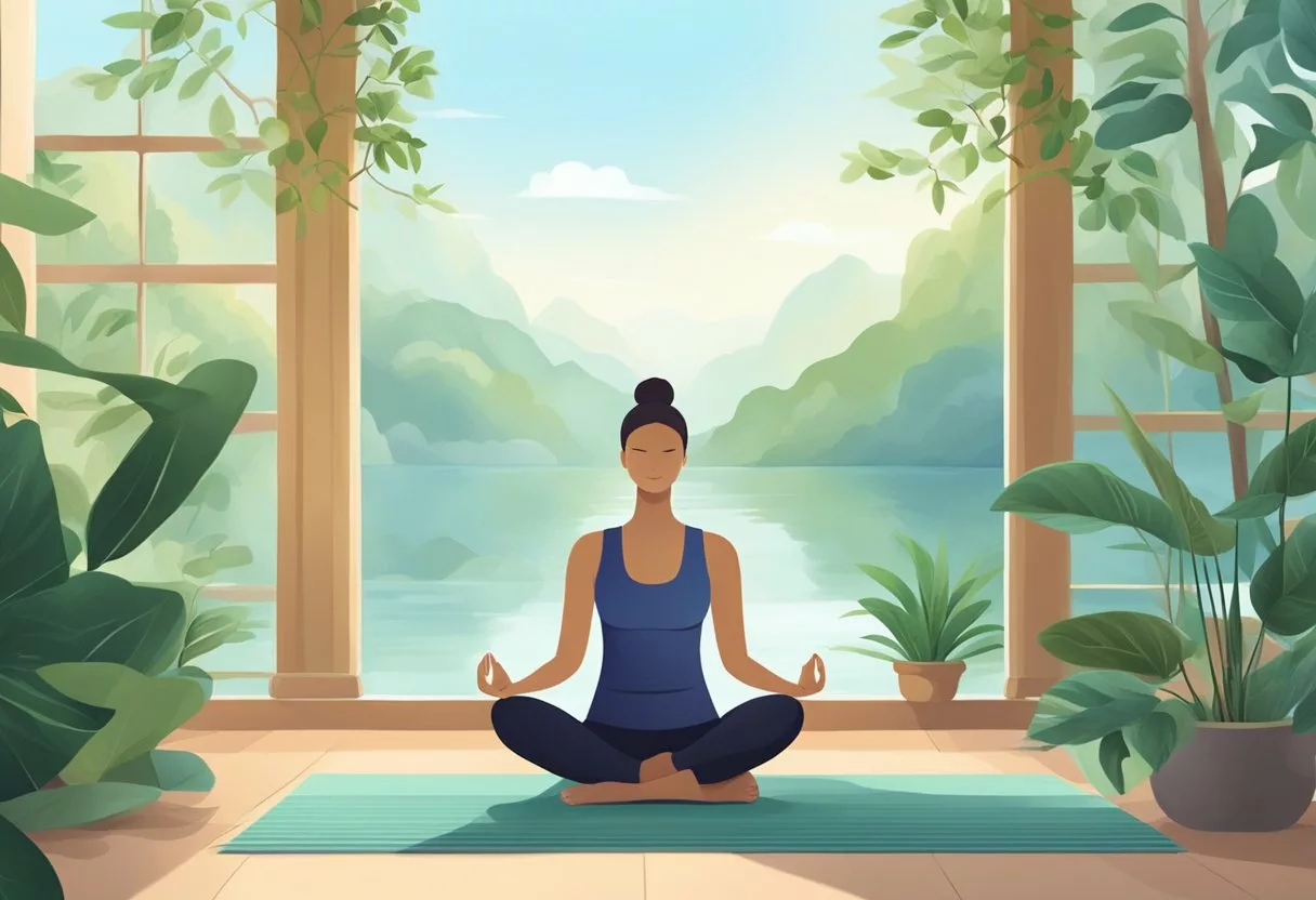 A serene nature scene with a person practicing yoga or meditation, surrounded by calming elements like plants, water, and natural light