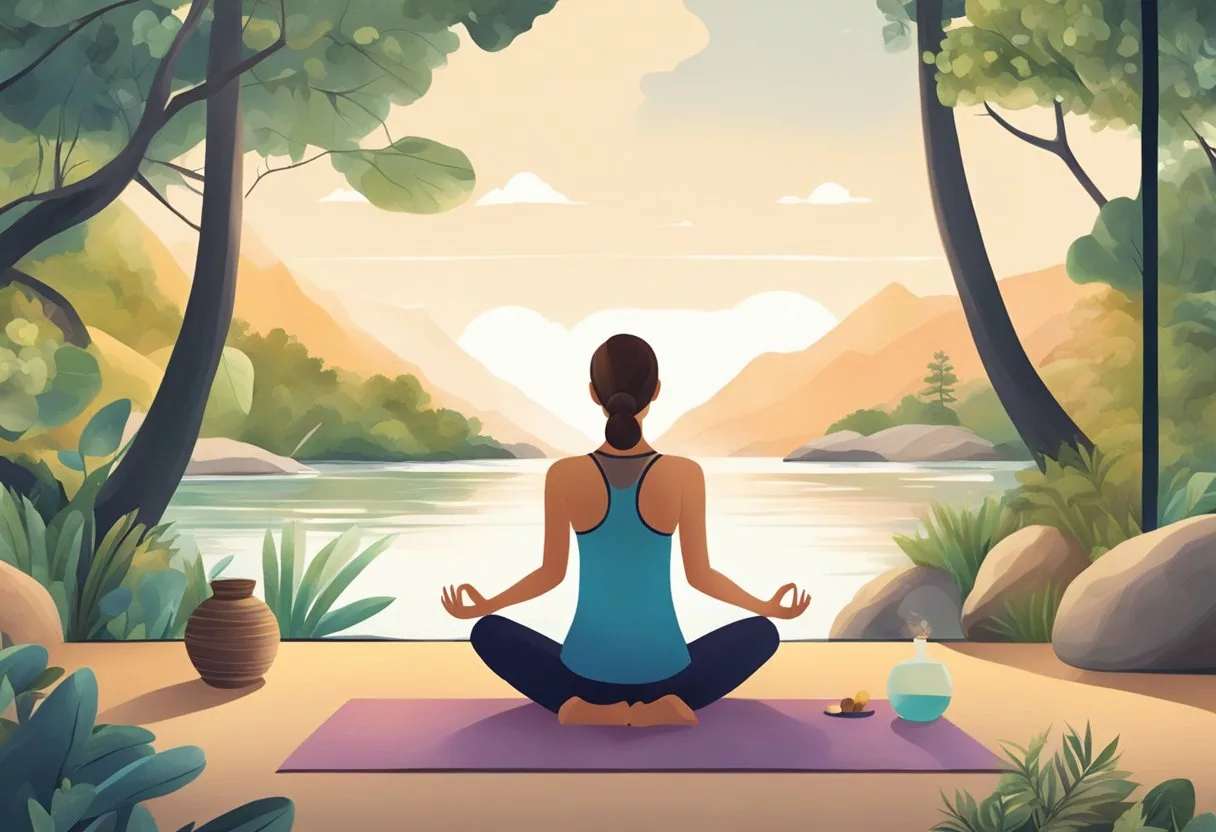 A serene, natural setting with a person engaging in stress-relieving activities such as yoga, meditation, and taking supplements like ashwagandha and fish oil