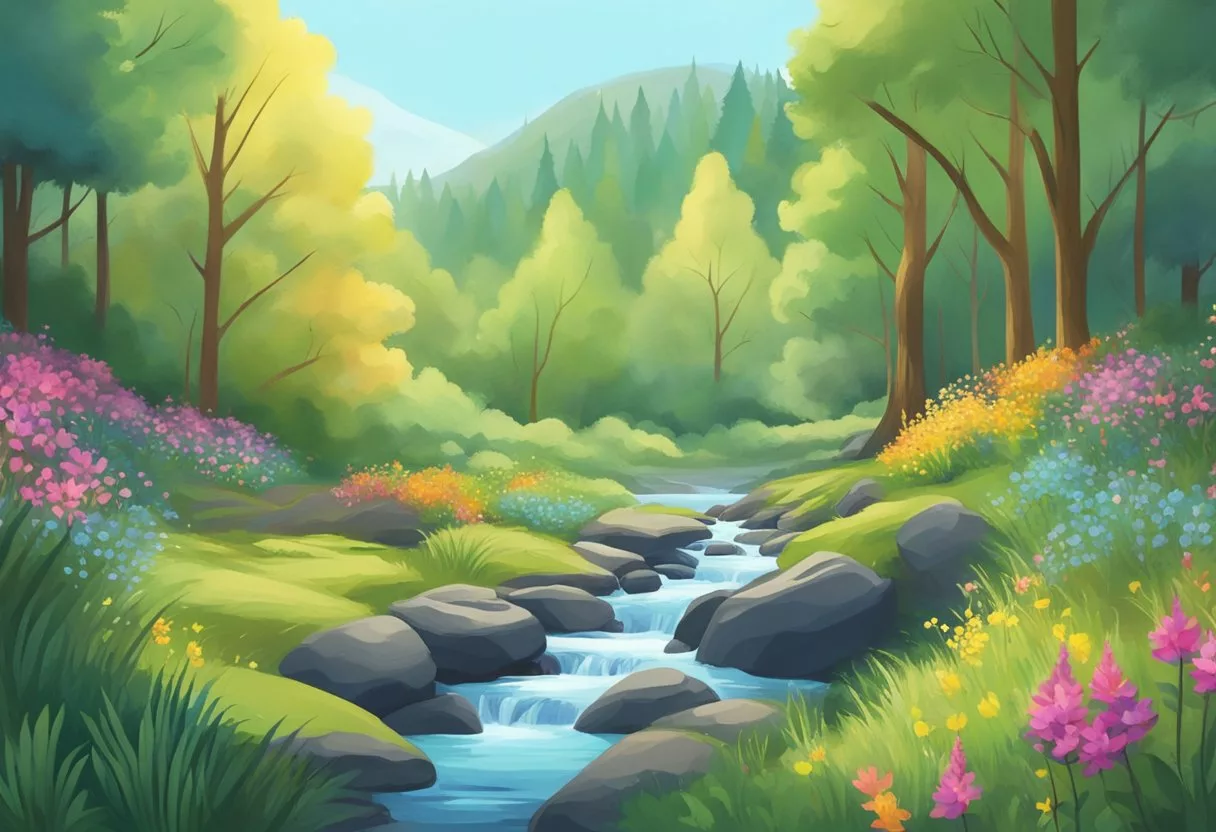 A serene forest with a stream, surrounded by vibrant greenery and colorful wildflowers. A person in the distance is peacefully practicing yoga