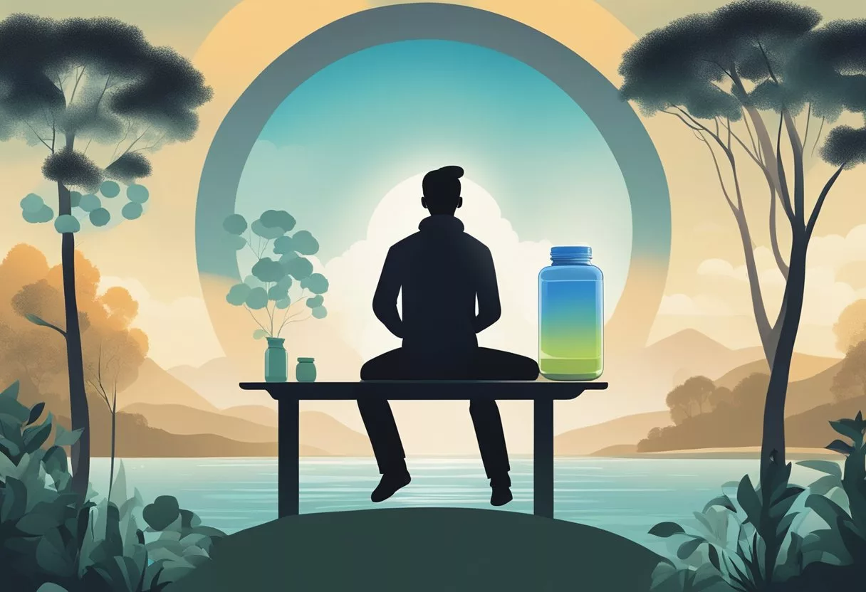 A serene, natural setting with a personified supplement bottle lowering a stress hormone, cortisol, in a human silhouette