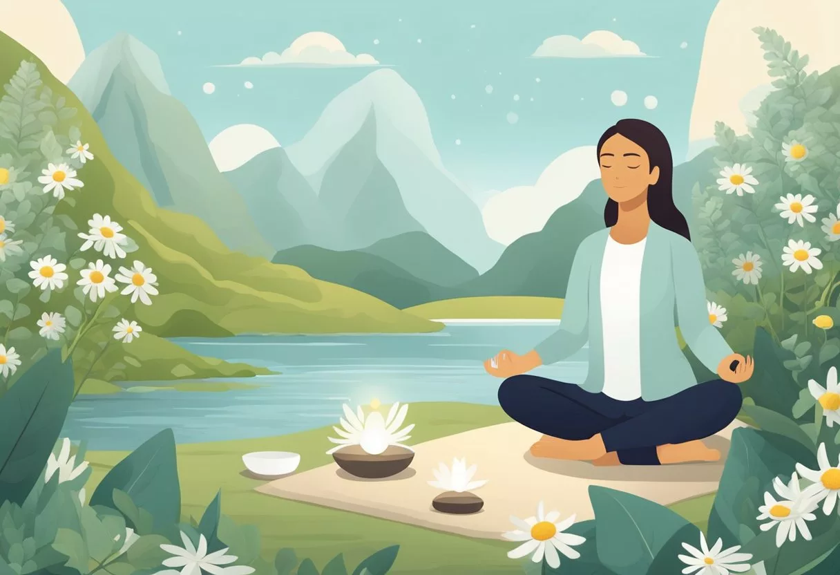 A serene natural setting with a person meditating or practicing yoga, surrounded by calming supplements like chamomile, ashwagandha, and magnesium