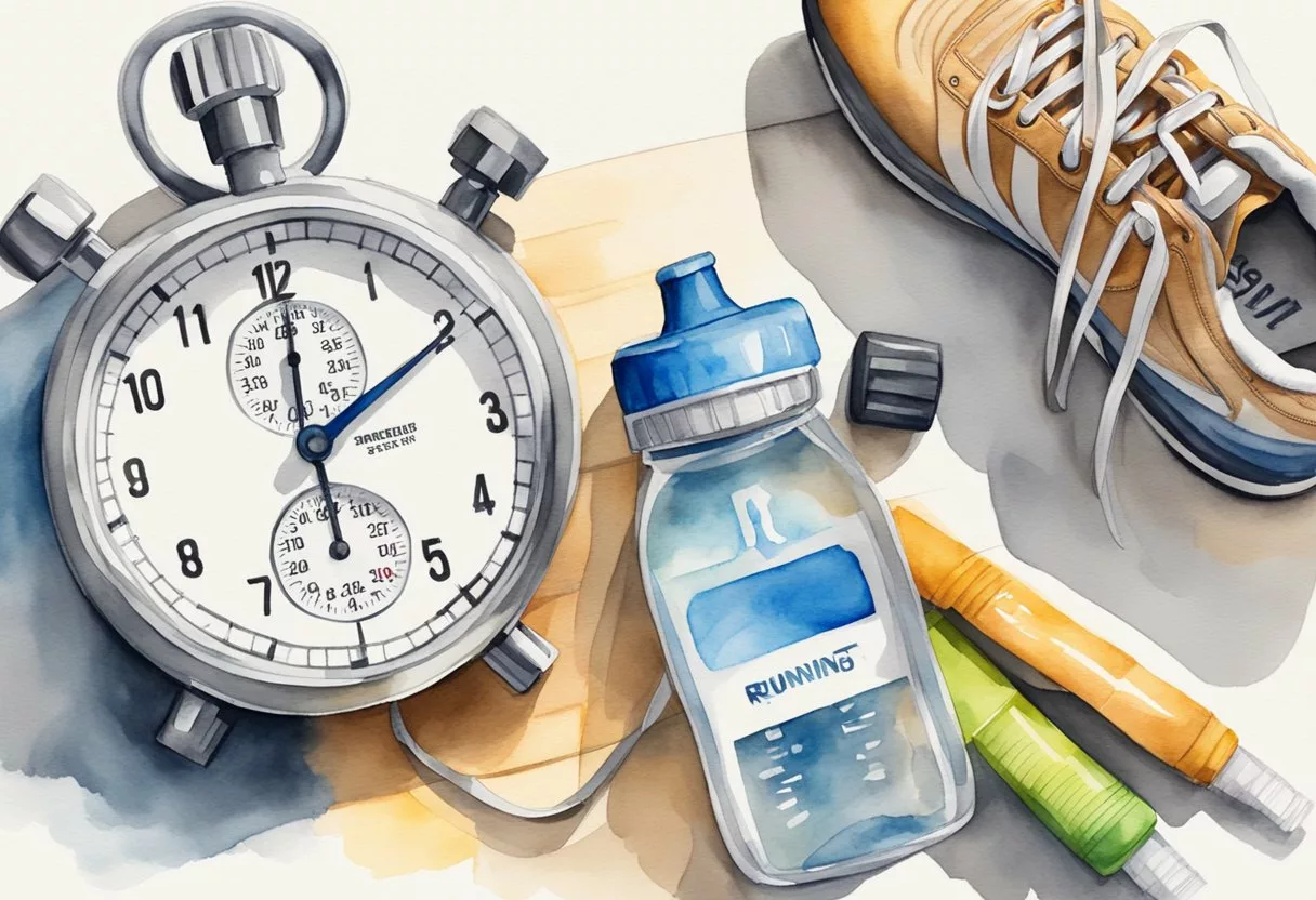 A stopwatch with a running time displayed, a pair of running shoes, a water bottle, and a workout plan on a table