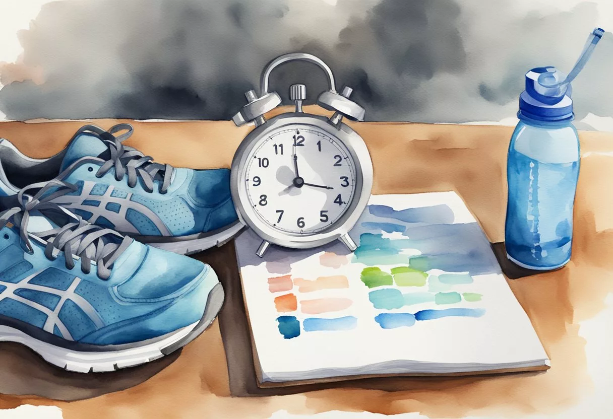 A stopwatch next to a pair of running shoes, a water bottle, and a workout plan on a table