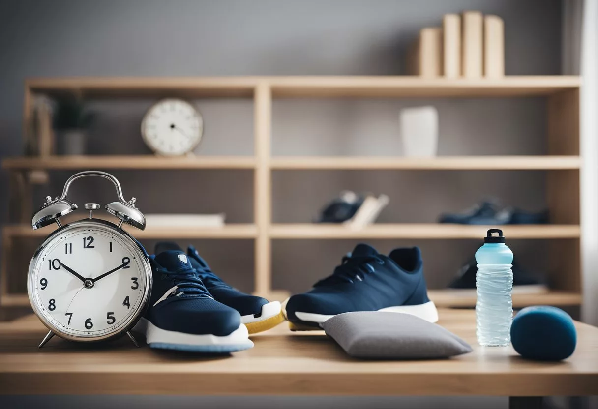 A serene bedroom with a yoga mat, running shoes, and a water bottle. A clock shows bedtime. A bookshelf with sleep tips