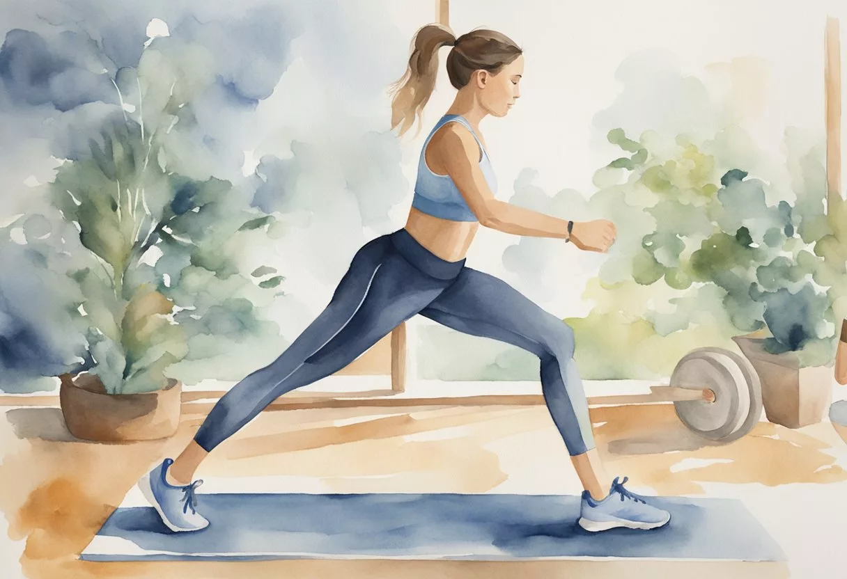 A person is seen engaging in various forms of exercise, including cardio, strength training, and flexibility exercises. The scene depicts the principles of frequency, intensity, time, and type of exercise