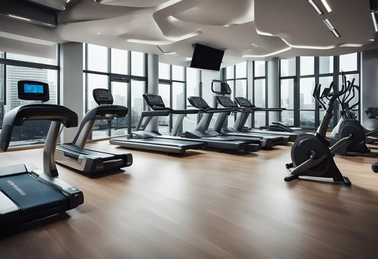 A futuristic gym with state-of-the-art equipment and sleek, minimalist design. Trainers work with clients in a spacious, well-lit studio