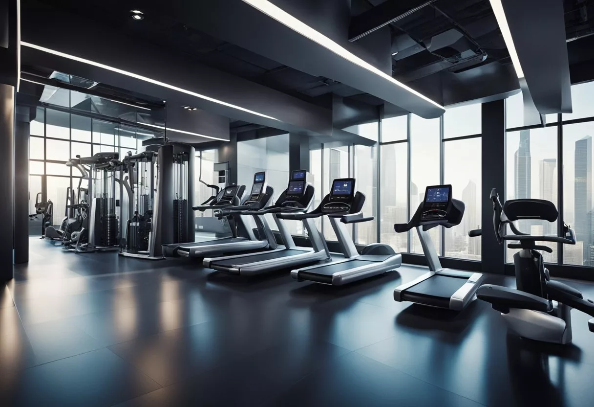 A futuristic gym with advanced equipment and technology. Trainers assisting clients in a sleek, modern space with a focus on innovation and personalized fitness