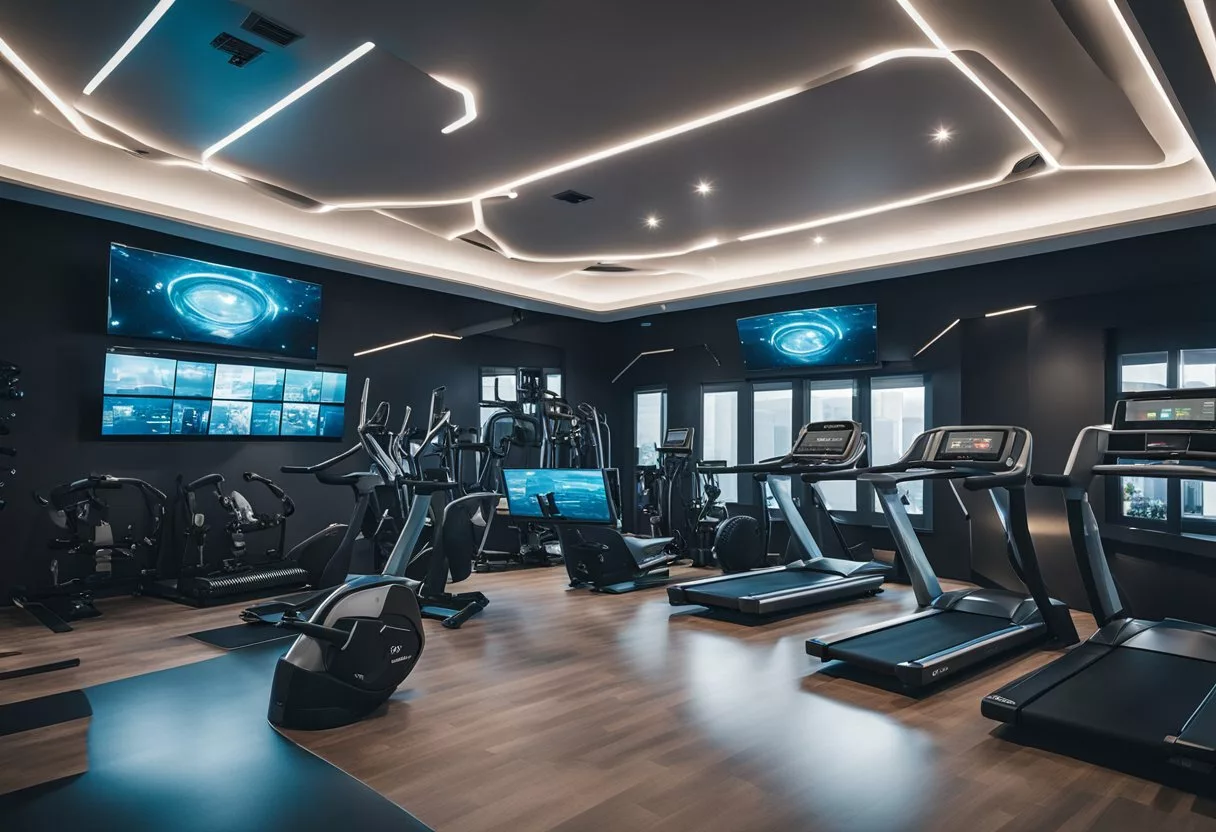 A futuristic gym with a sleek design and advanced equipment, surrounded by digital screens displaying positive client reviews and frequently asked questions