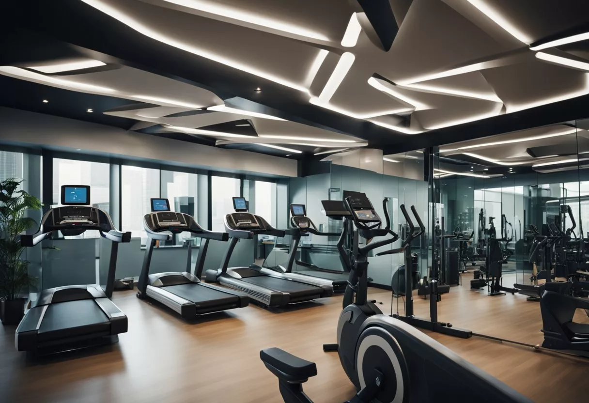 A futuristic gym with advanced communication devices and support systems for personal training