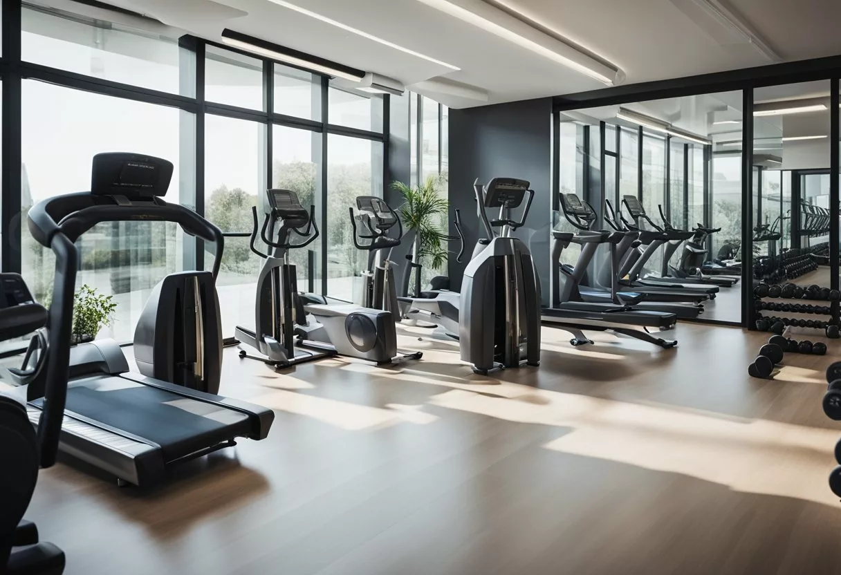 A gym with various workout equipment arranged neatly. Bright, natural light floods the space, creating a welcoming and energizing atmosphere