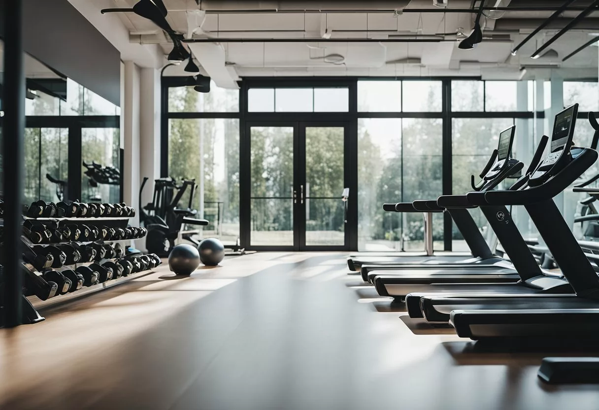 A bright, modern gym studio with a variety of workout equipment and open space for personal training sessions. Large windows let in natural light, creating a welcoming and energizing atmosphere for clients