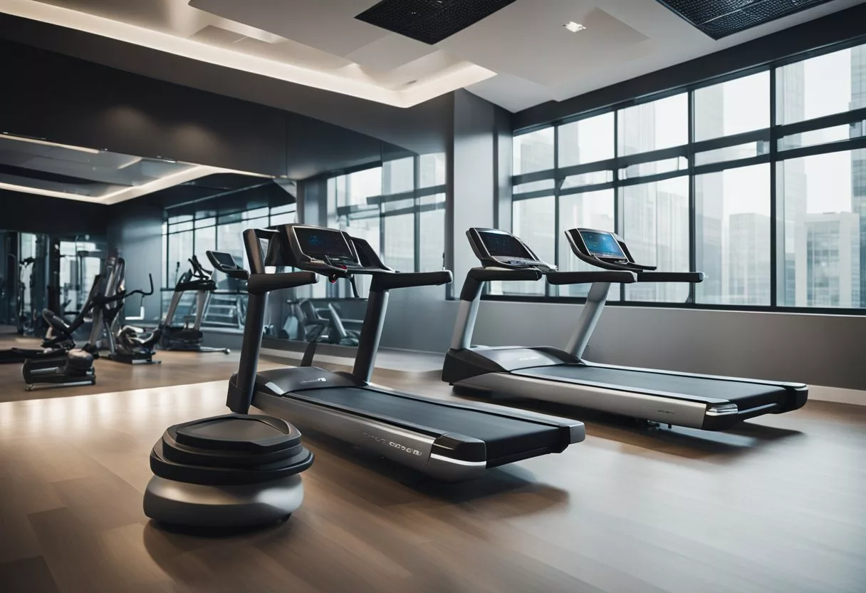 A futuristic gym with state-of-the-art equipment and sleek, modern design. Trainers guide clients through high-tech workouts in a spacious, well-lit studio