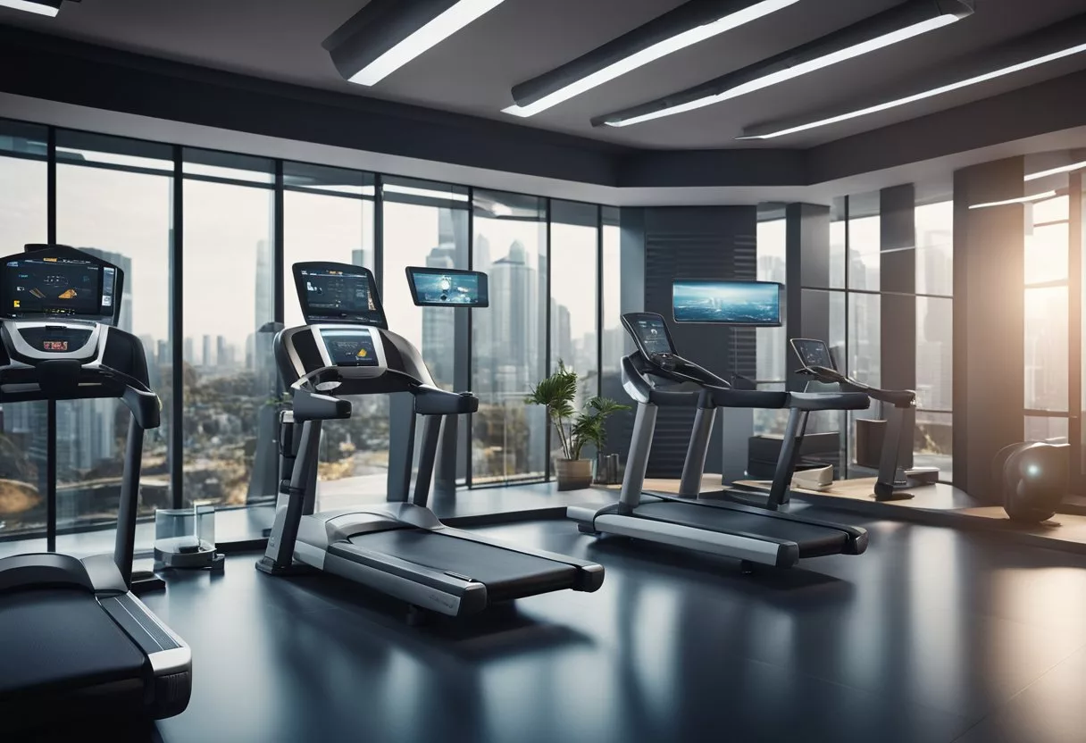 A futuristic gym with sleek, high-tech equipment and a user-friendly interface. Virtual trainers guide clients through personalized workouts, while interactive displays track progress and provide feedback