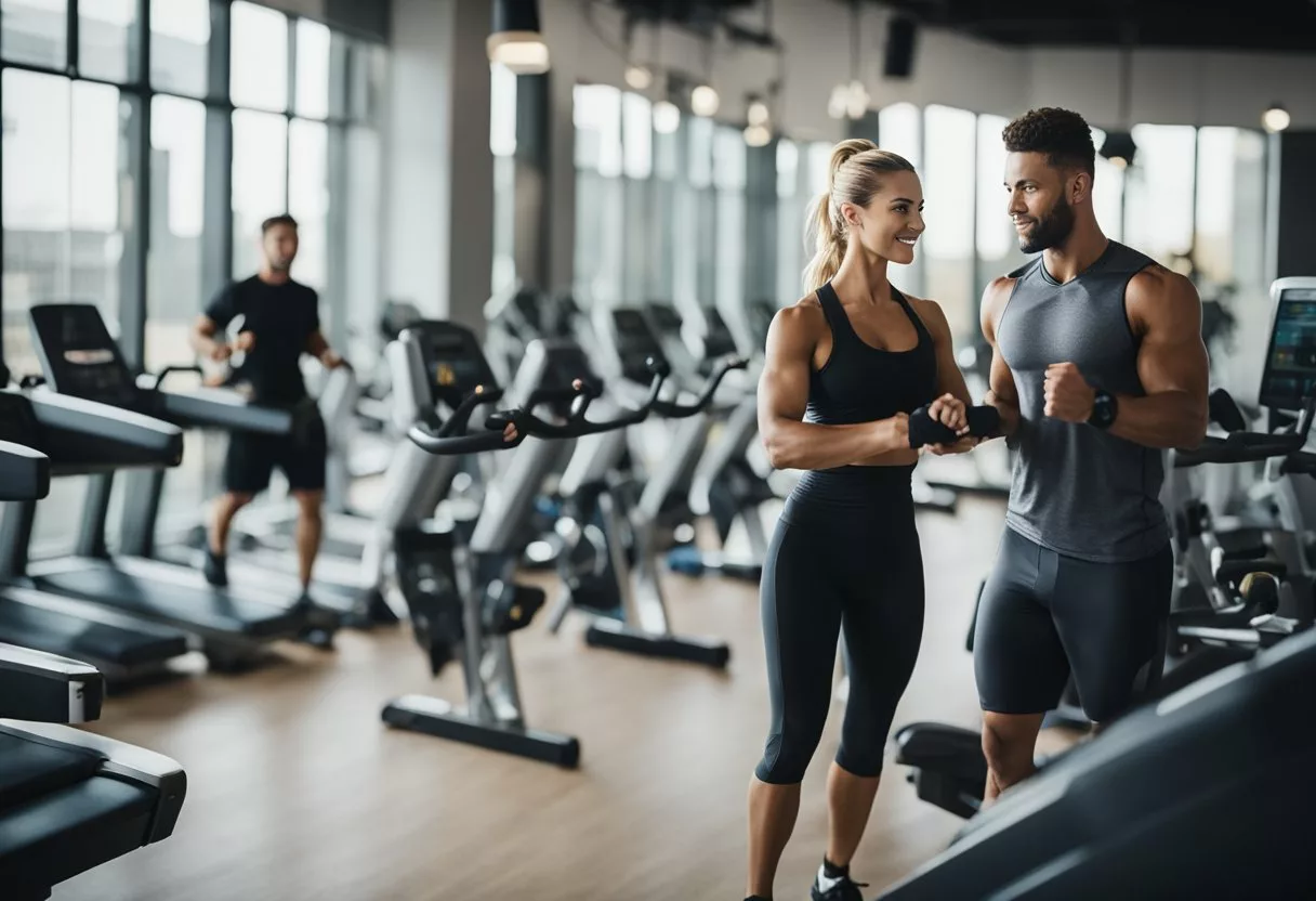 A bright, modern gym space with cardio equipment, free weights, and exercise machines. A trainer guides a client through a workout, while others work independently