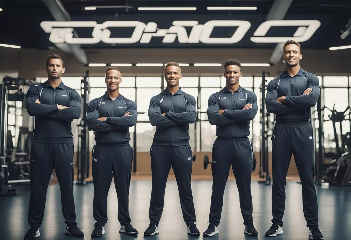 A group of coaches in matching uniforms stand in front of a futuristic gym setting, with exercise equipment and motivational posters in the background