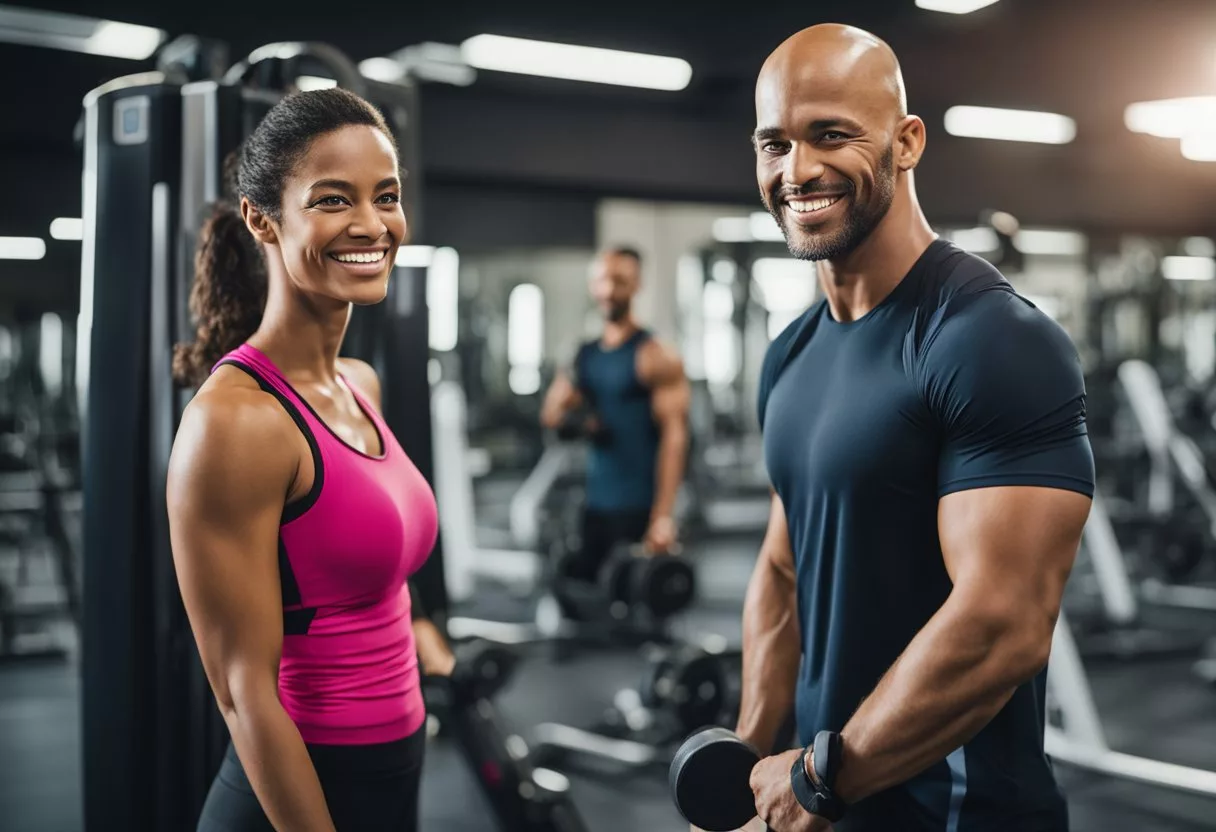 A smiling client stands in a gym, surrounded by workout equipment. A personal trainer stands nearby, offering encouragement. The client's progress is showcased through before-and-after photos on the wall