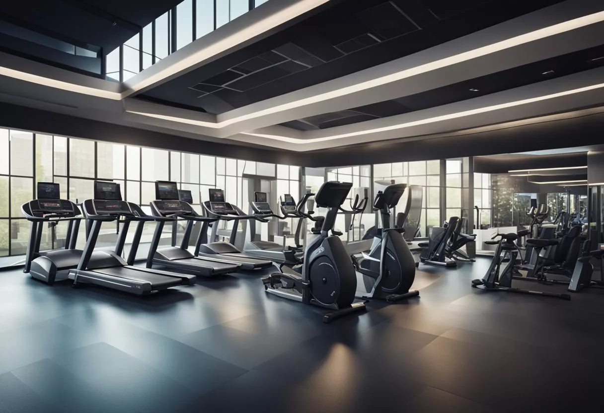 A futuristic gym interior with various membership options and costs displayed on digital screens, while personal trainers guide clients through workouts