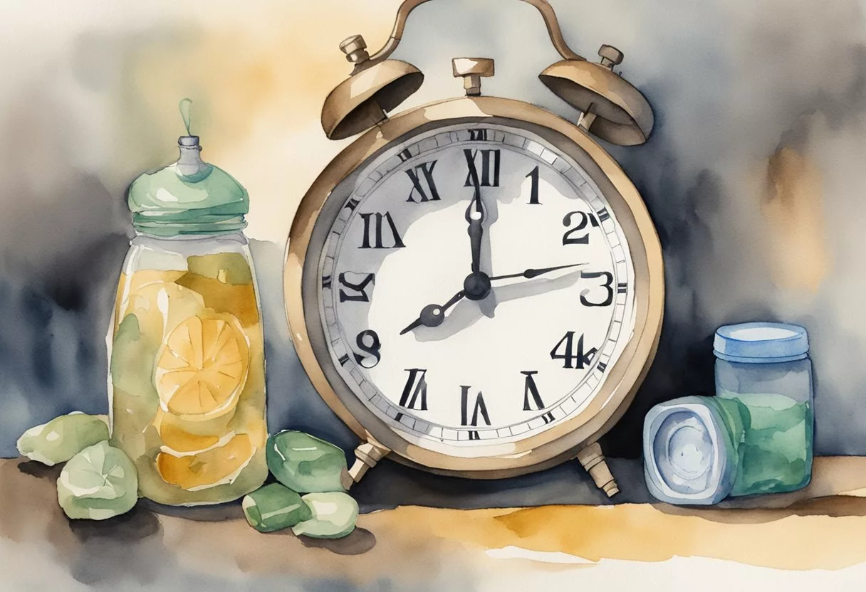 A clock showing 24 hours passing, a stomach growling, and a water bottle being set aside